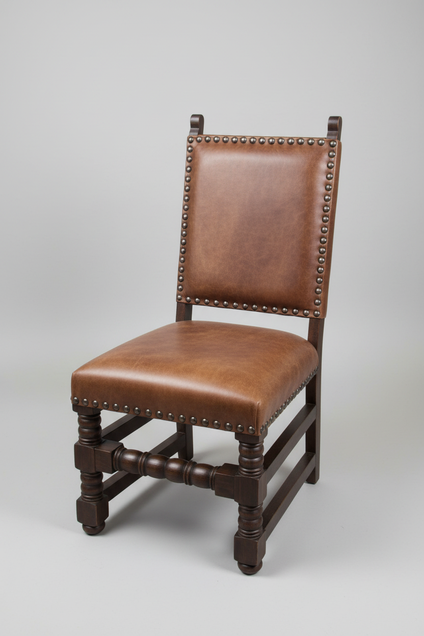 Brown leather chair with wooden frame on a gray background