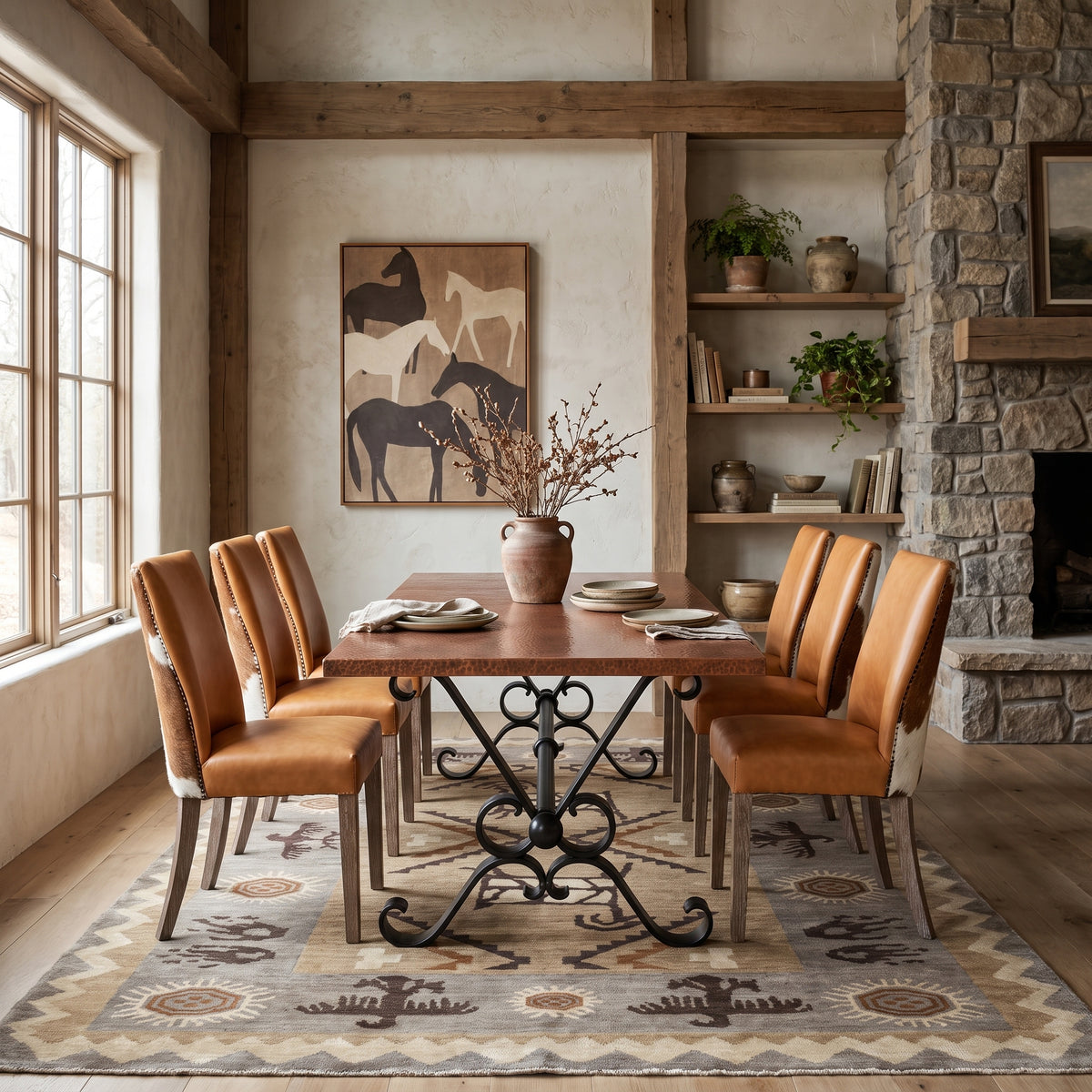A rustic dining room scene featuring a rectangular wooden dining table with an ornate black wrought-iron pedestal base, surrounded by six tan leather upholstered chairs. The set is styled on a patterned area rug in a room with a stone fireplace, wooden beams, and a rustic horse painting on the wall.