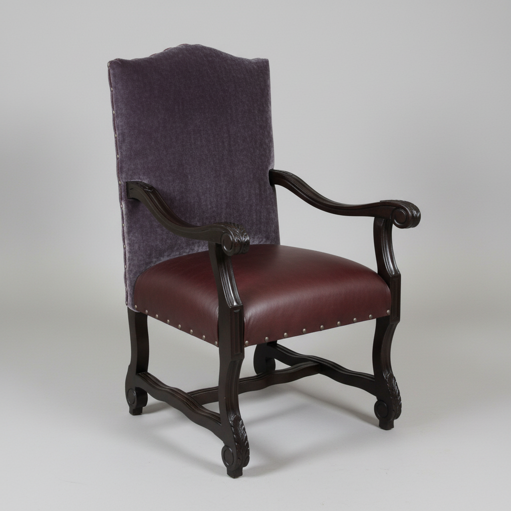 Chair with purple backrest and brown leather seat on a gray background