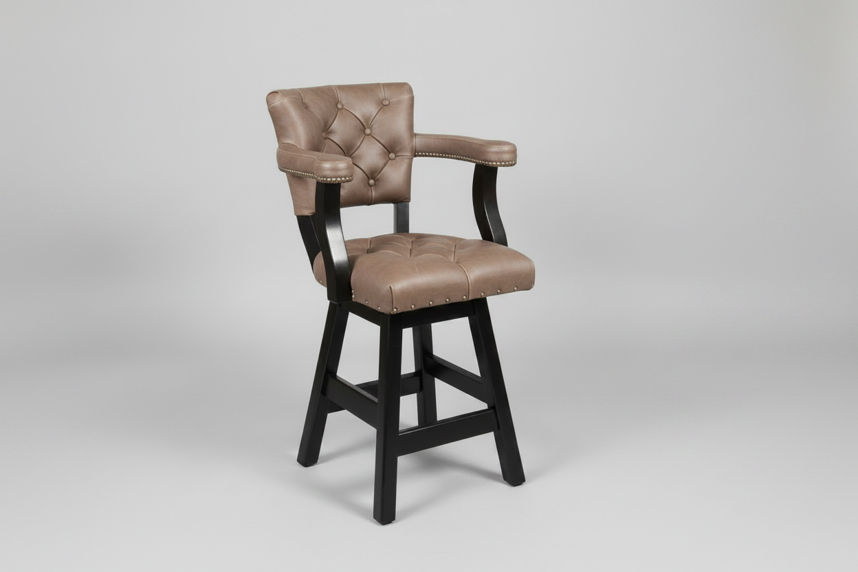 Brown bar stool with black legs on a gray background