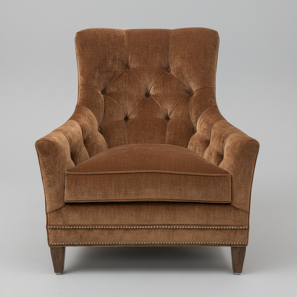 Brown velvet armchair on a gray background