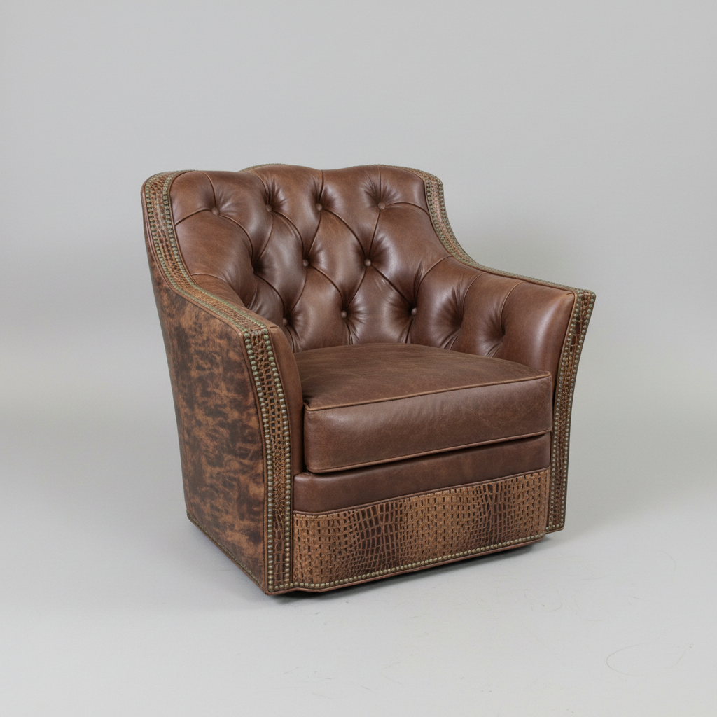 Brown leather armchair with textured details on a gray background