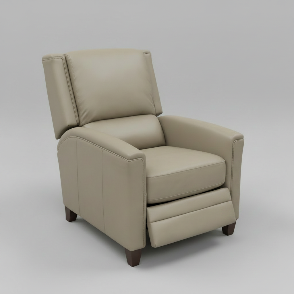 Beige recliner chair with a red tag on a gray background