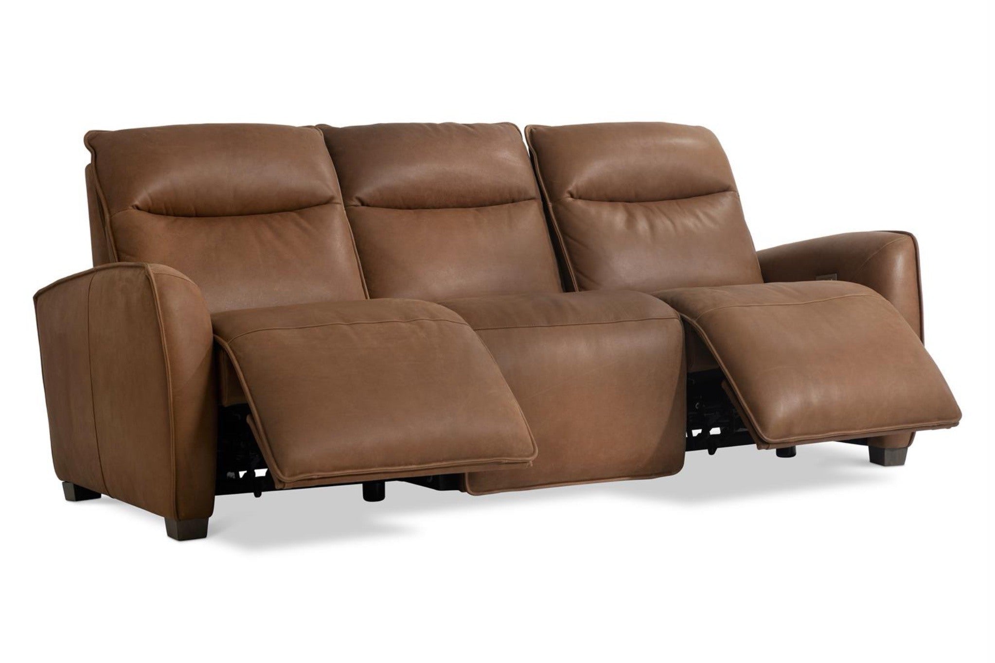 Brown leather reclining sofa on a white background