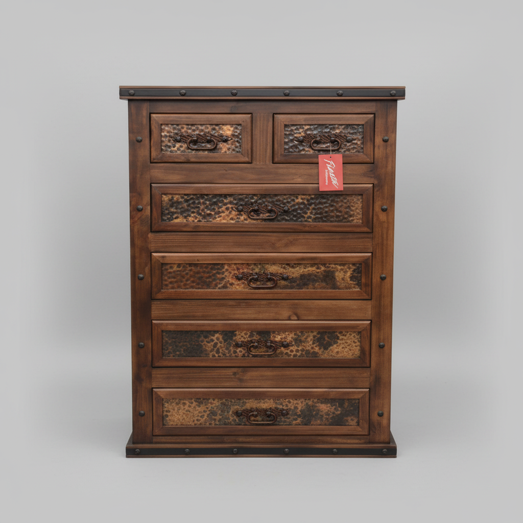 Wooden dresser with a rustic finish on a gray background