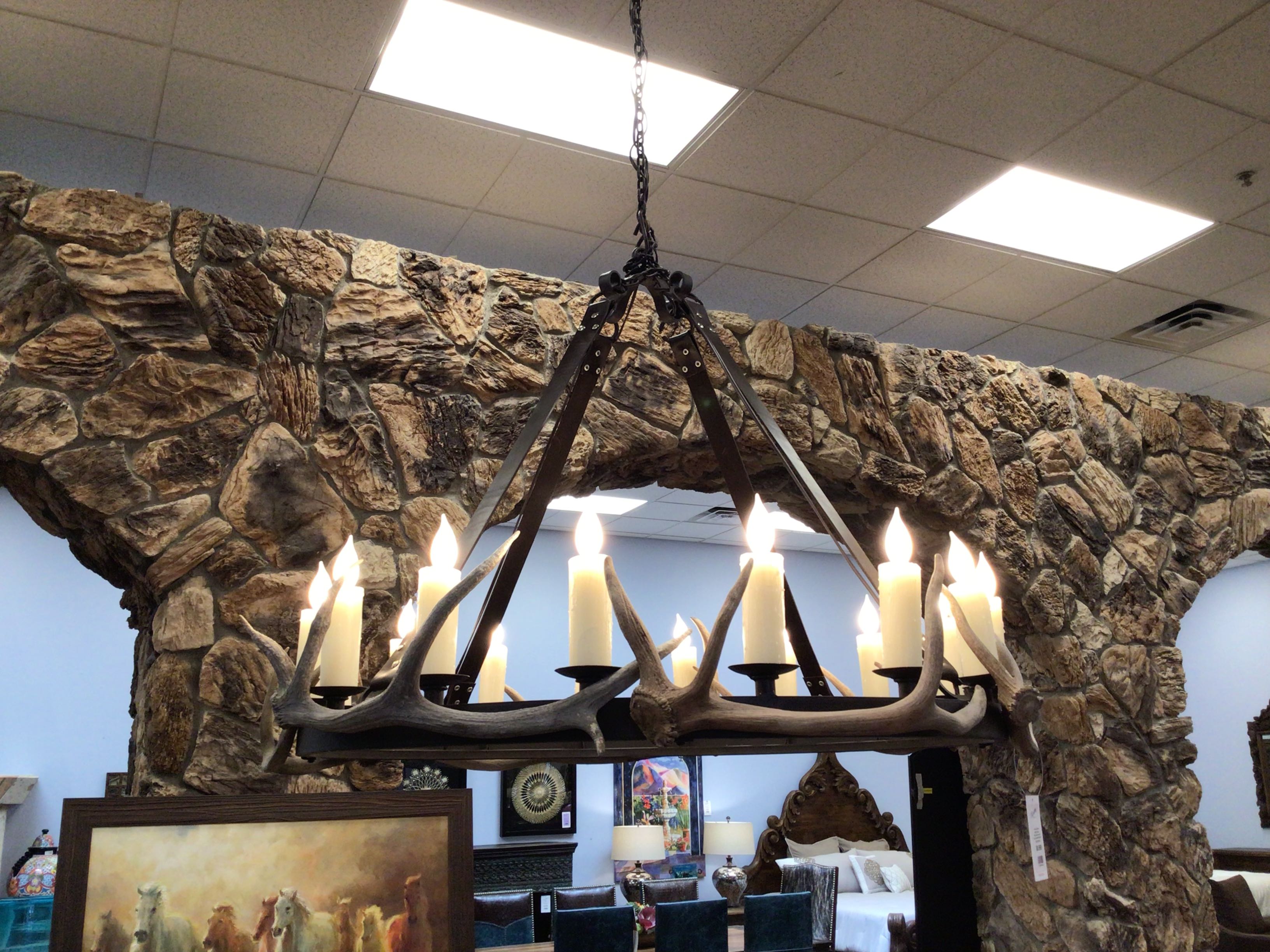 Chandelier16 Light 48 Round Leather Belt/Antlers & Candle Covers"
