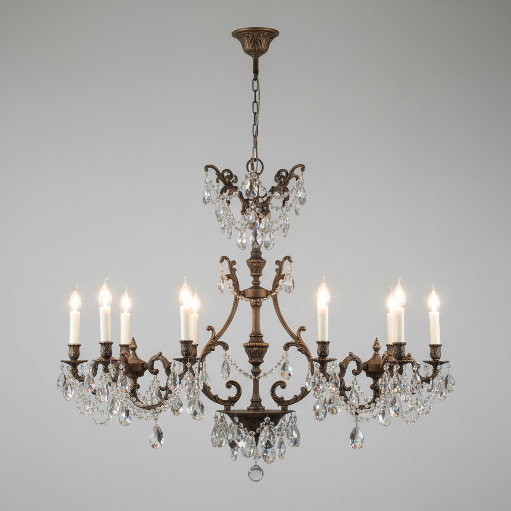 Decorative chandelier with crystal accents on a gray background