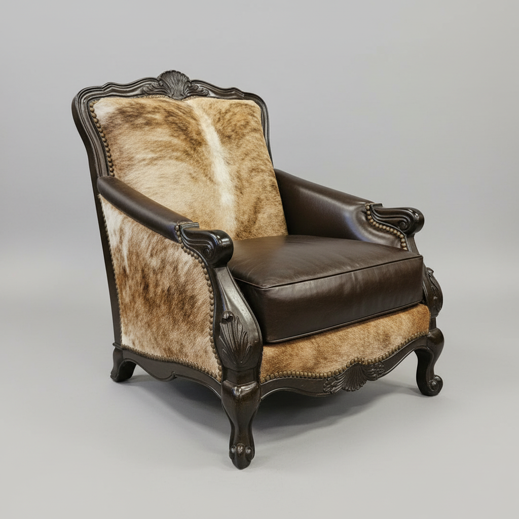 Decorative armchair with brown leather and cowhide pattern on a gray background