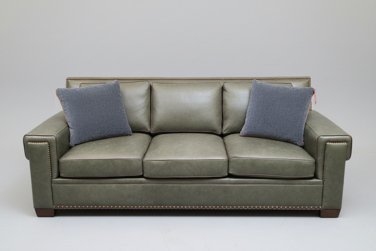 Green leather sofa with two blue pillows on a white background
