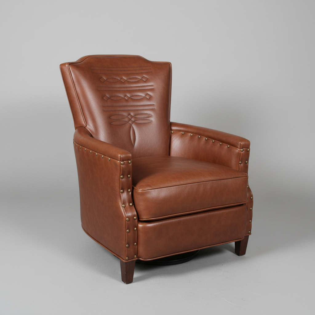 Brown leather armchair on a striped rug with a rustic setting
