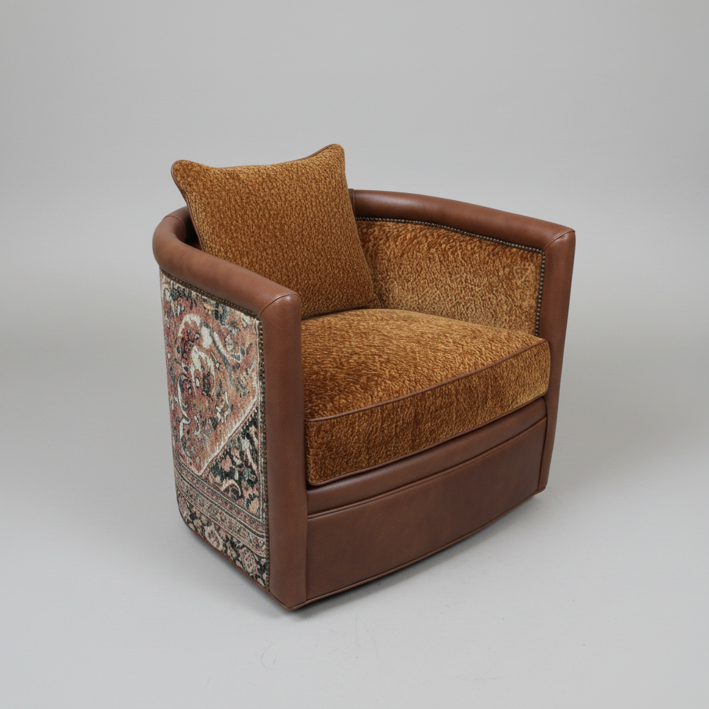 Brown armchair with patterned backrest on a gray background