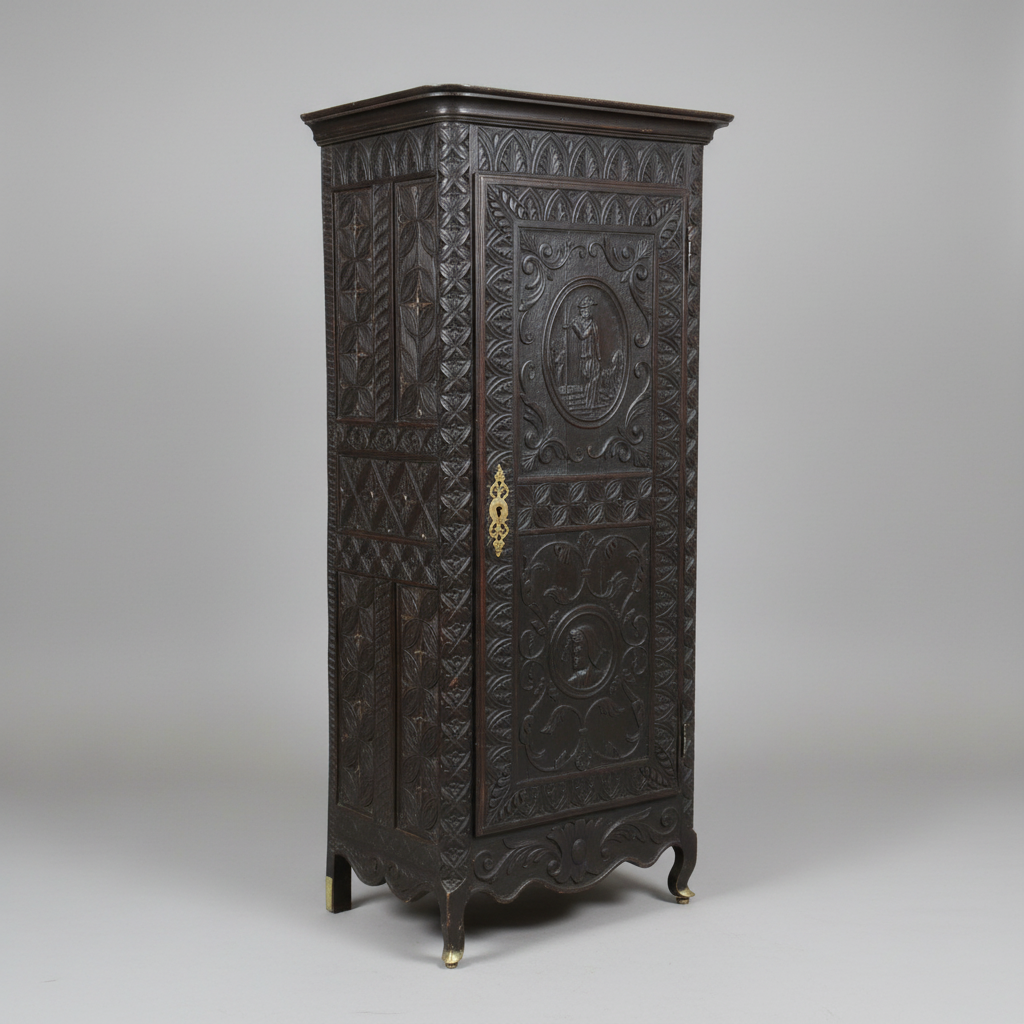 Decorative wooden cabinet with intricate carvings on a gray background