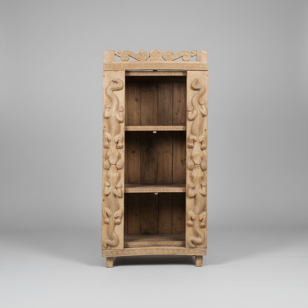 A tall, narrow wooden cabinet with carved dragon motifs on the door panels, shown against a neutral gray studio background.