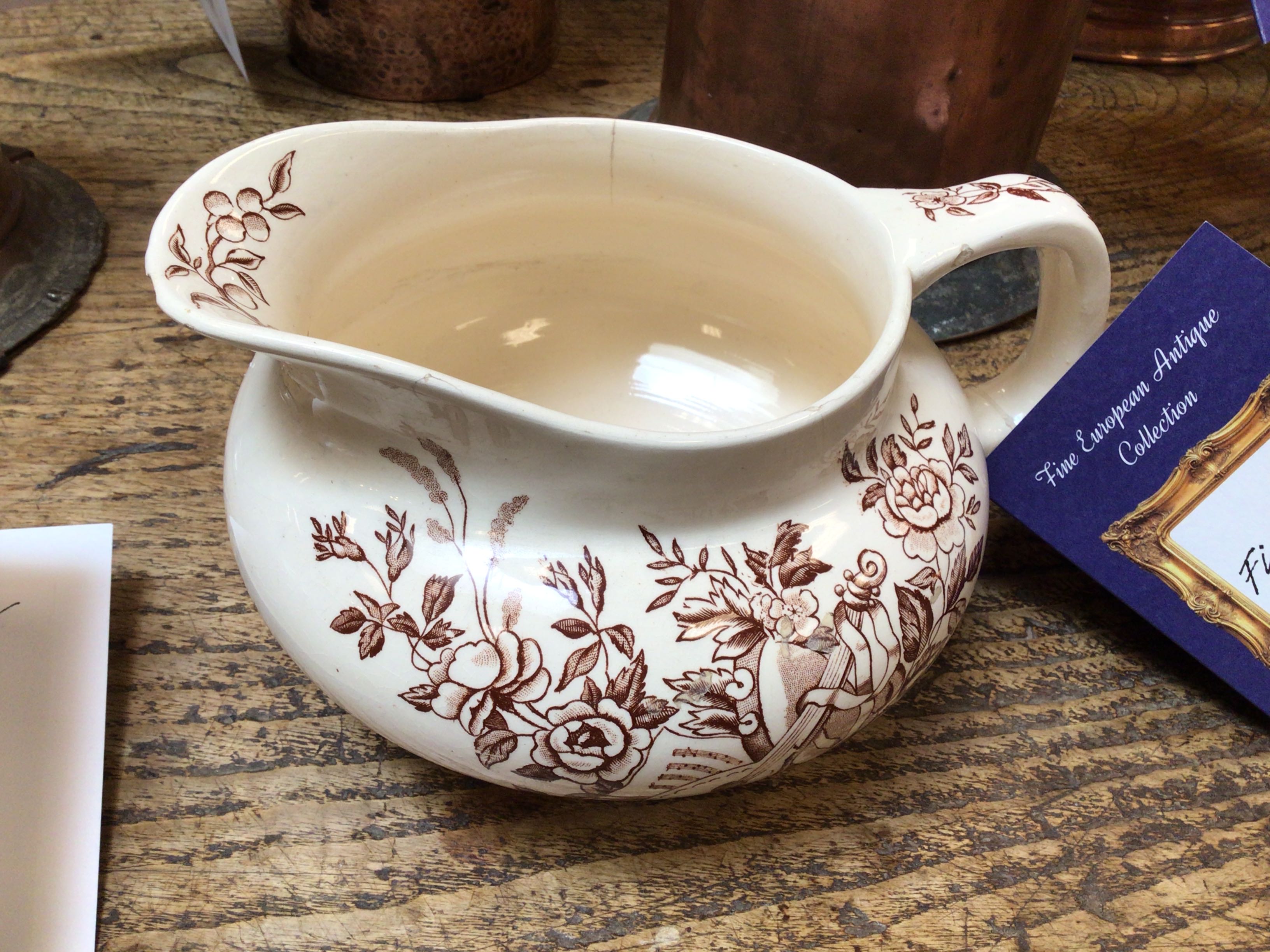 Brown Transferware Floral Pitcher, Circa 1900
