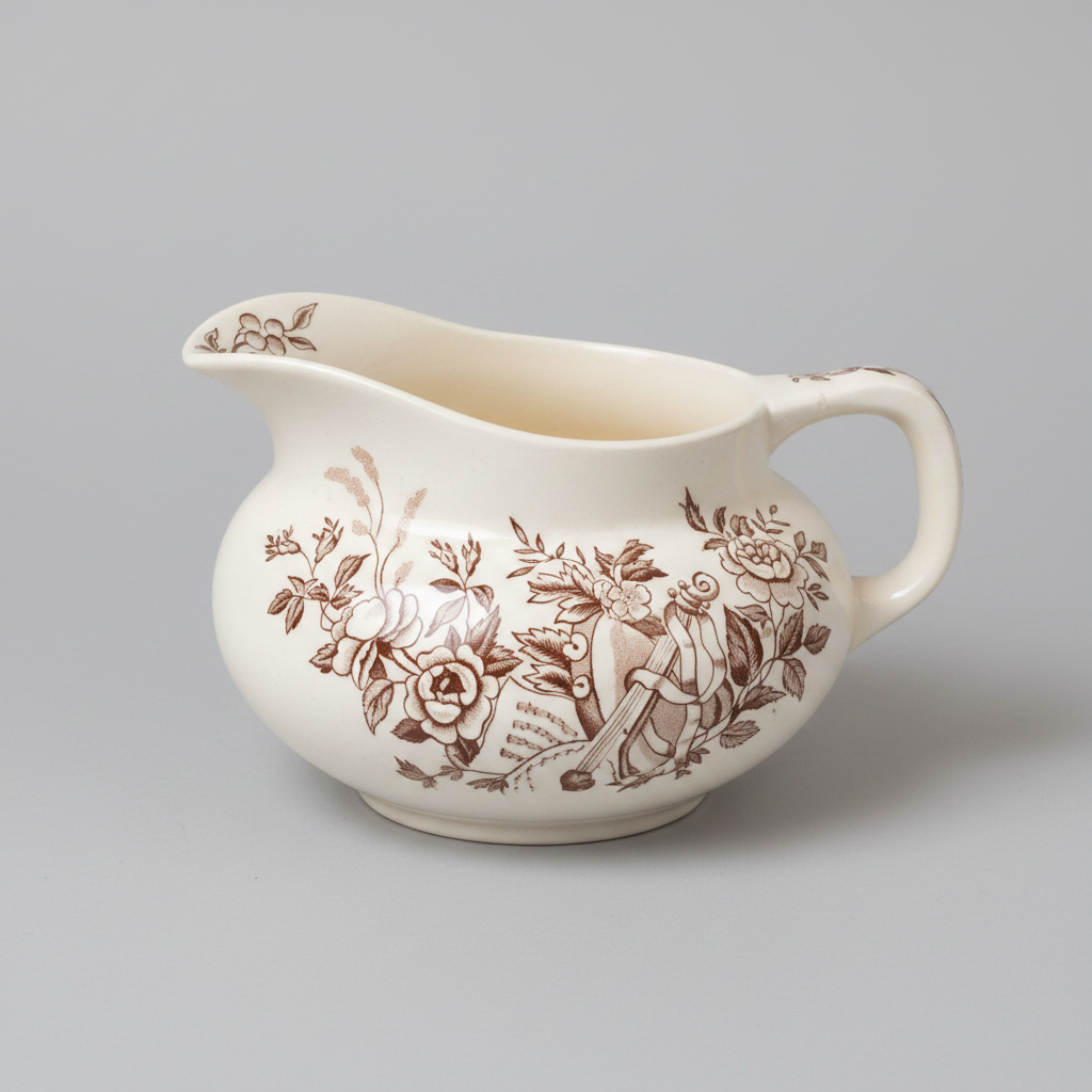 An off-white ceramic creamer pitcher with a brown sepia floral and botanical illustration featuring roses, leaves, and a small figure, set against a solid gray background.