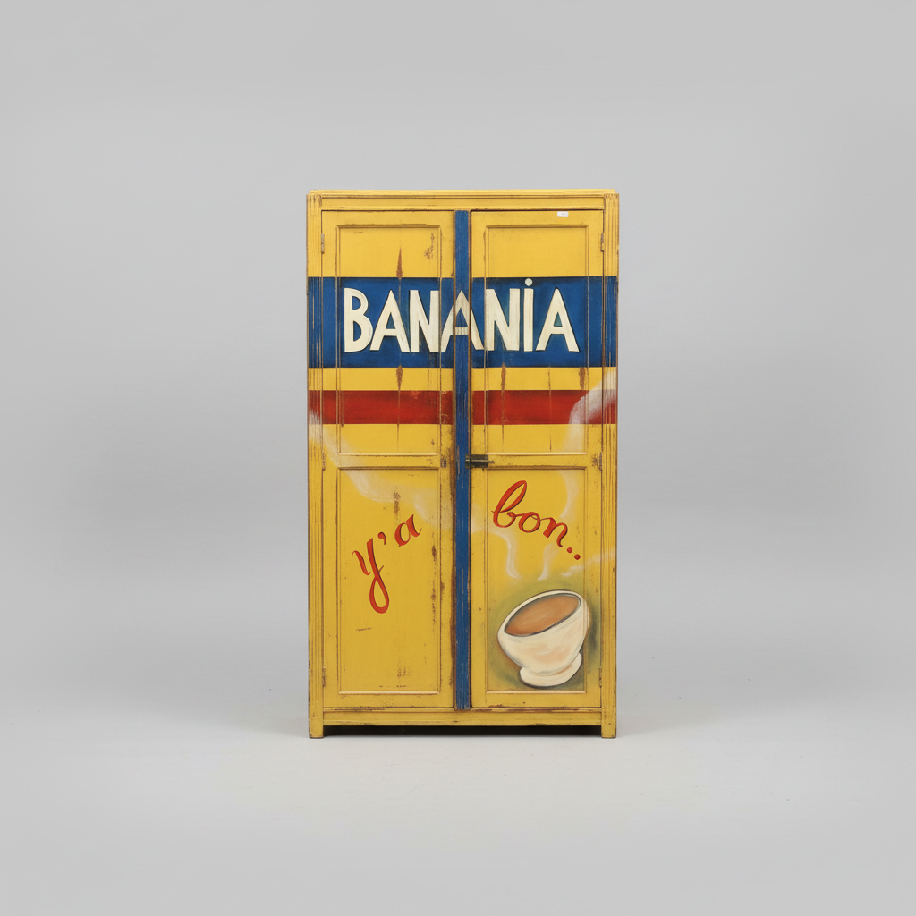 Vintage-style cabinet with 'Banania' branding and a cup design on a gray background