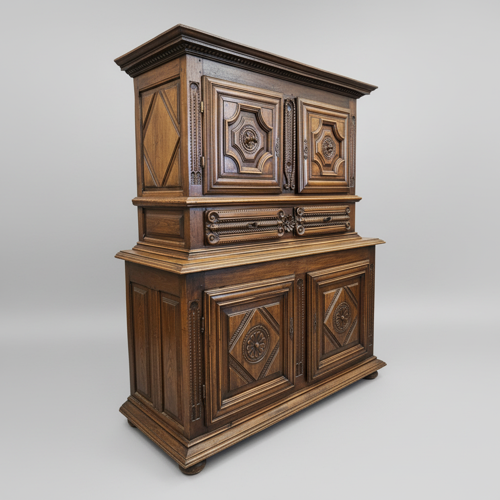Wooden cabinet with intricate carvings on a gray background