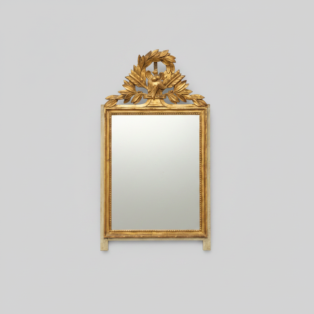 Decorative gold-framed mirror with intricate design on a gray background