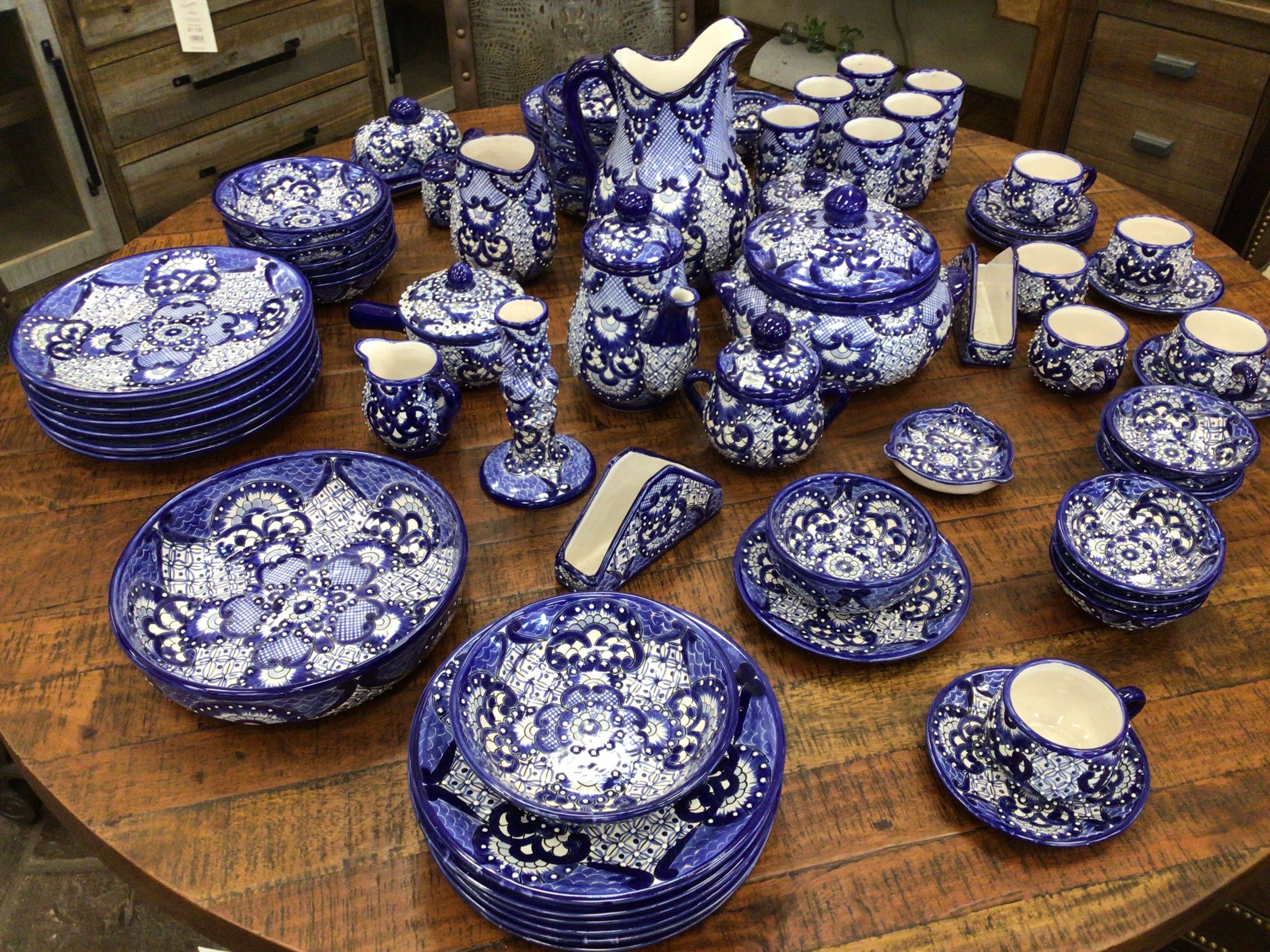 Talavera Dinnerware Handpainted Service For 6 Blue & White Food Safe