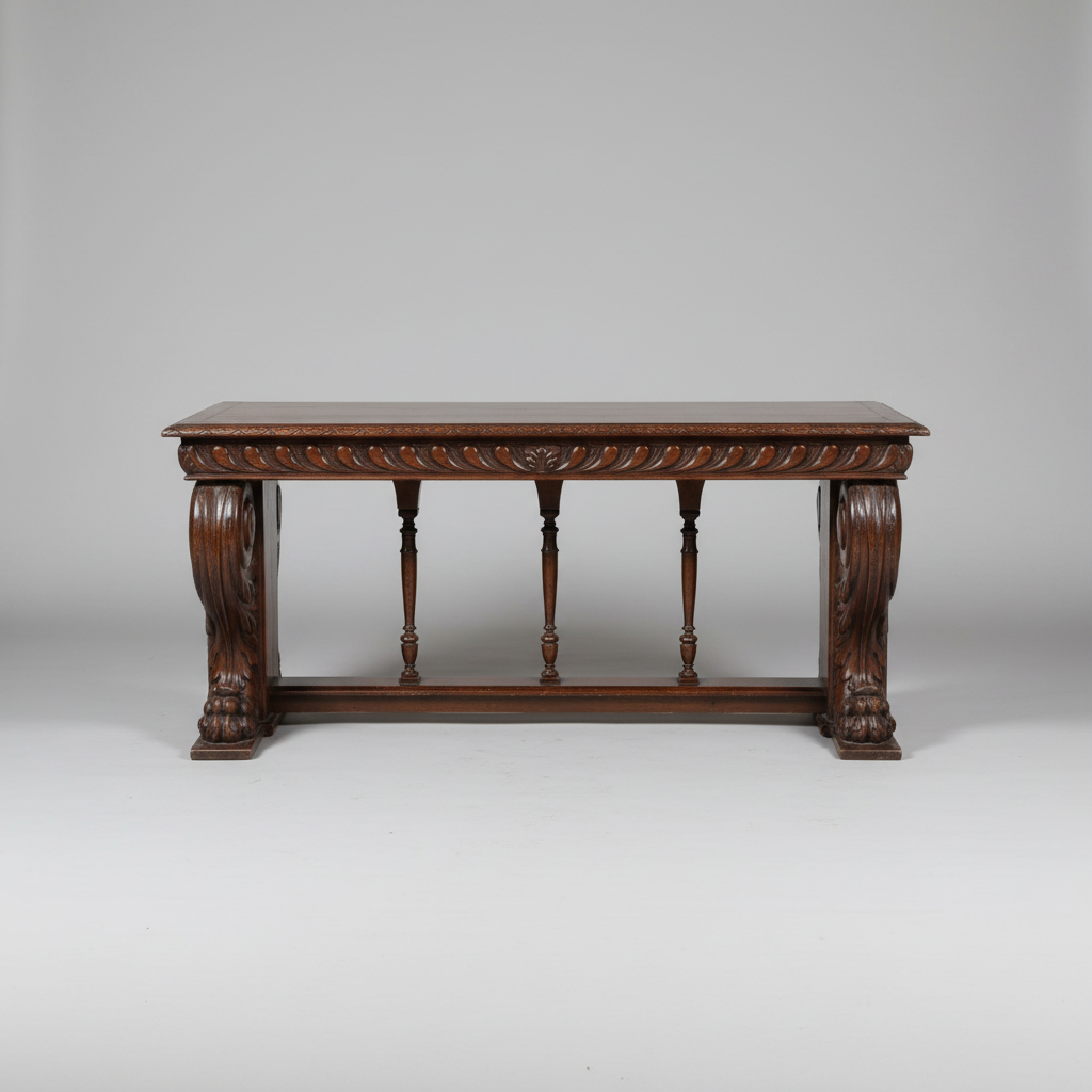 Decorative wooden table with intricate carvings on a plain background