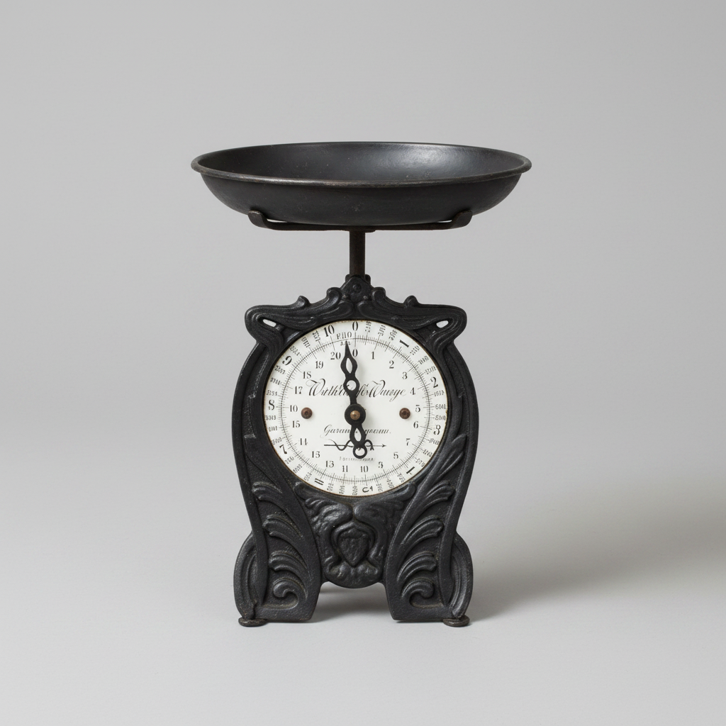 Vintage-style black kitchen scale on a gray background