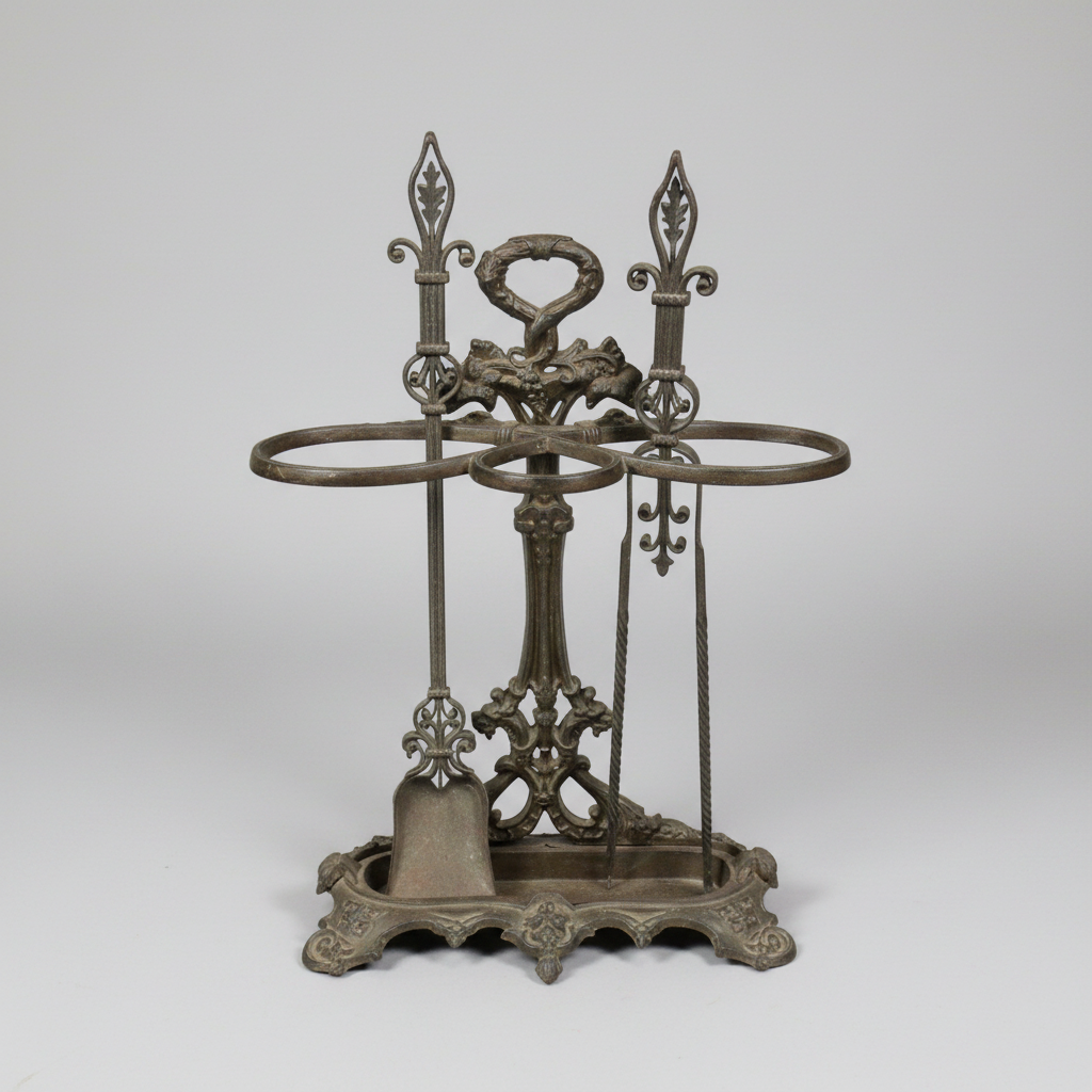 Decorative metal umbrella stand with intricate design on a gray background