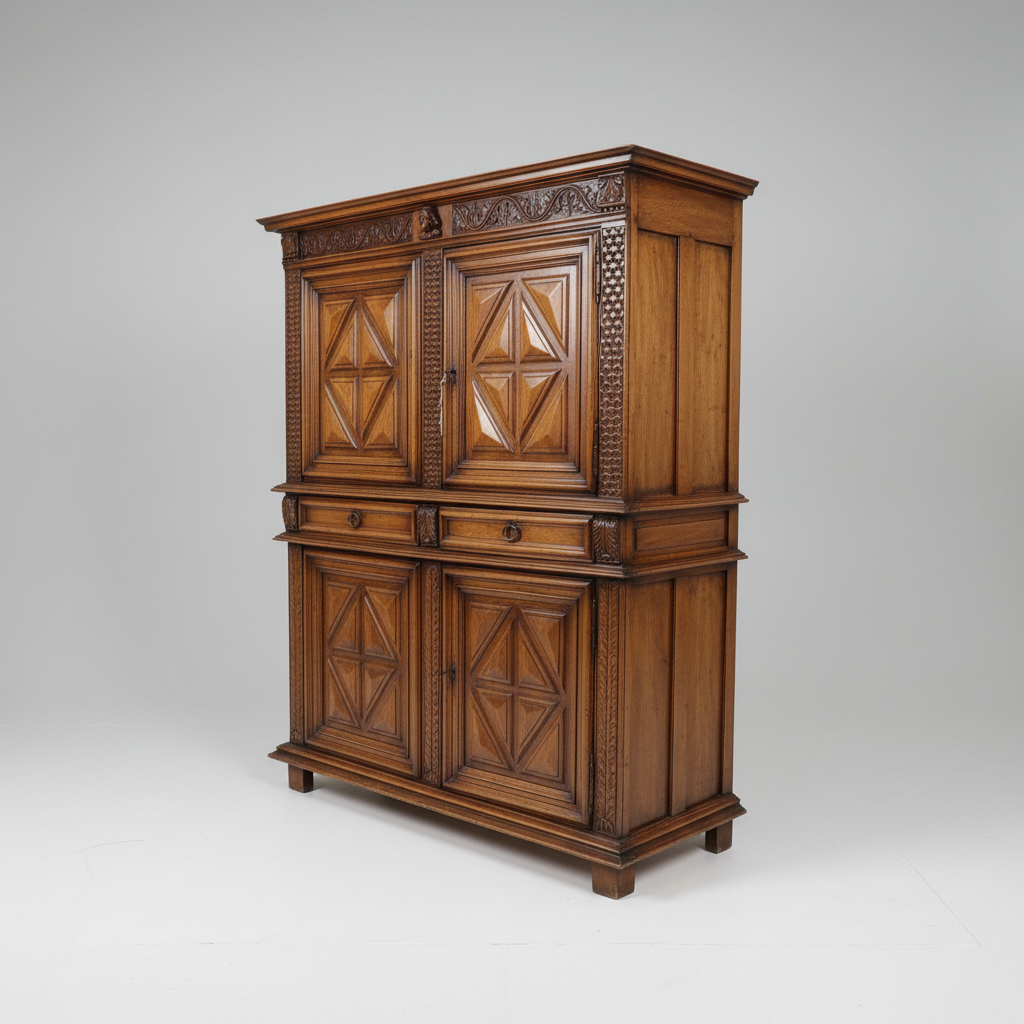 Wooden cabinet with intricate carvings on a gray background