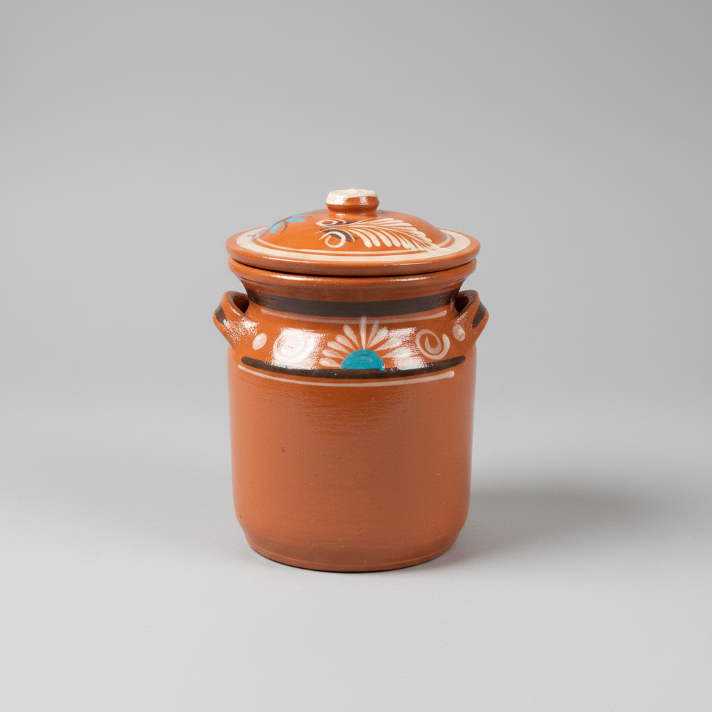 A handmade terracotta ceramic lidded jar with side handles, decorated with hand-painted white floral and geometric patterns and a small turquoise accent on the band, set against a neutral gray background.