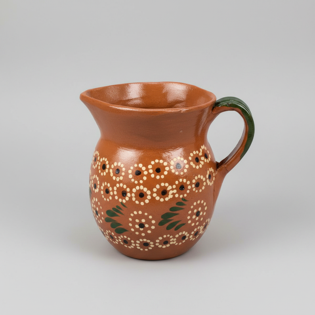 A terracotta-colored ceramic pitcher with a green handle, decorated with a pattern of white flowers with brown centers and green leaves on the front, set against a neutral gray background.