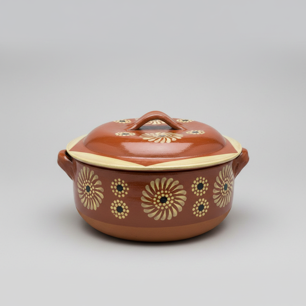 A brown ceramic lidded casserole dish with side handles and a decorative floral pattern in beige, cream, and small dark accents, photographed on a light gray studio background.