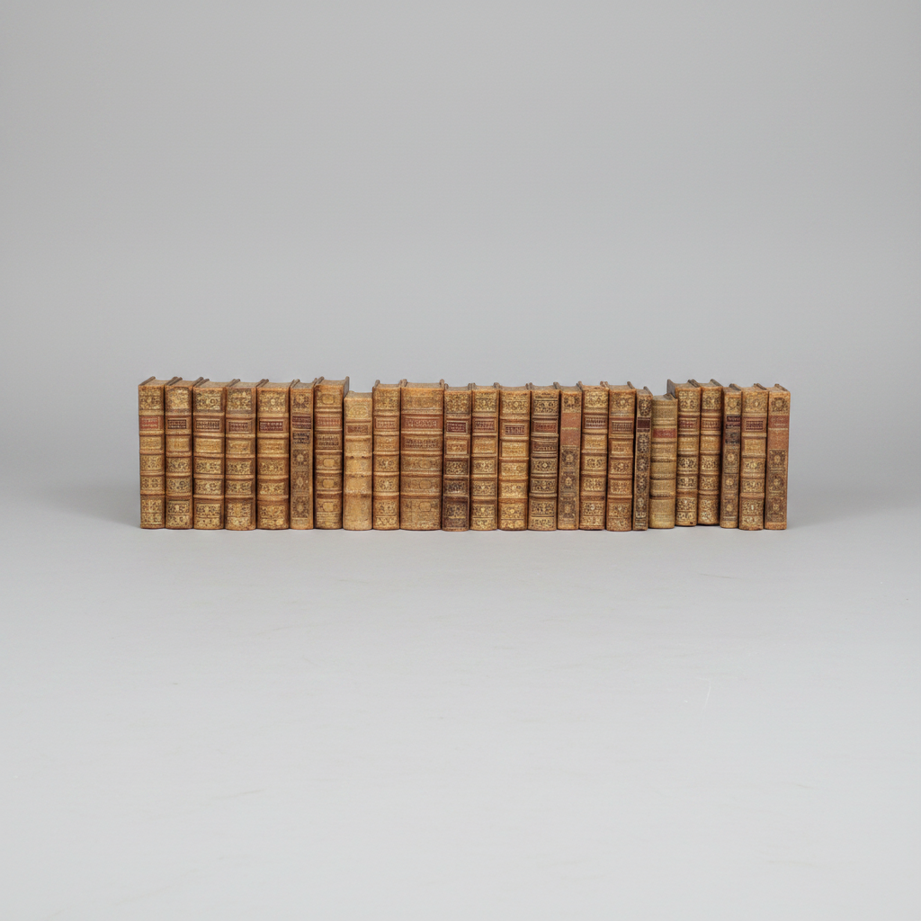 Row of vintage books with leather bindings on a gray background