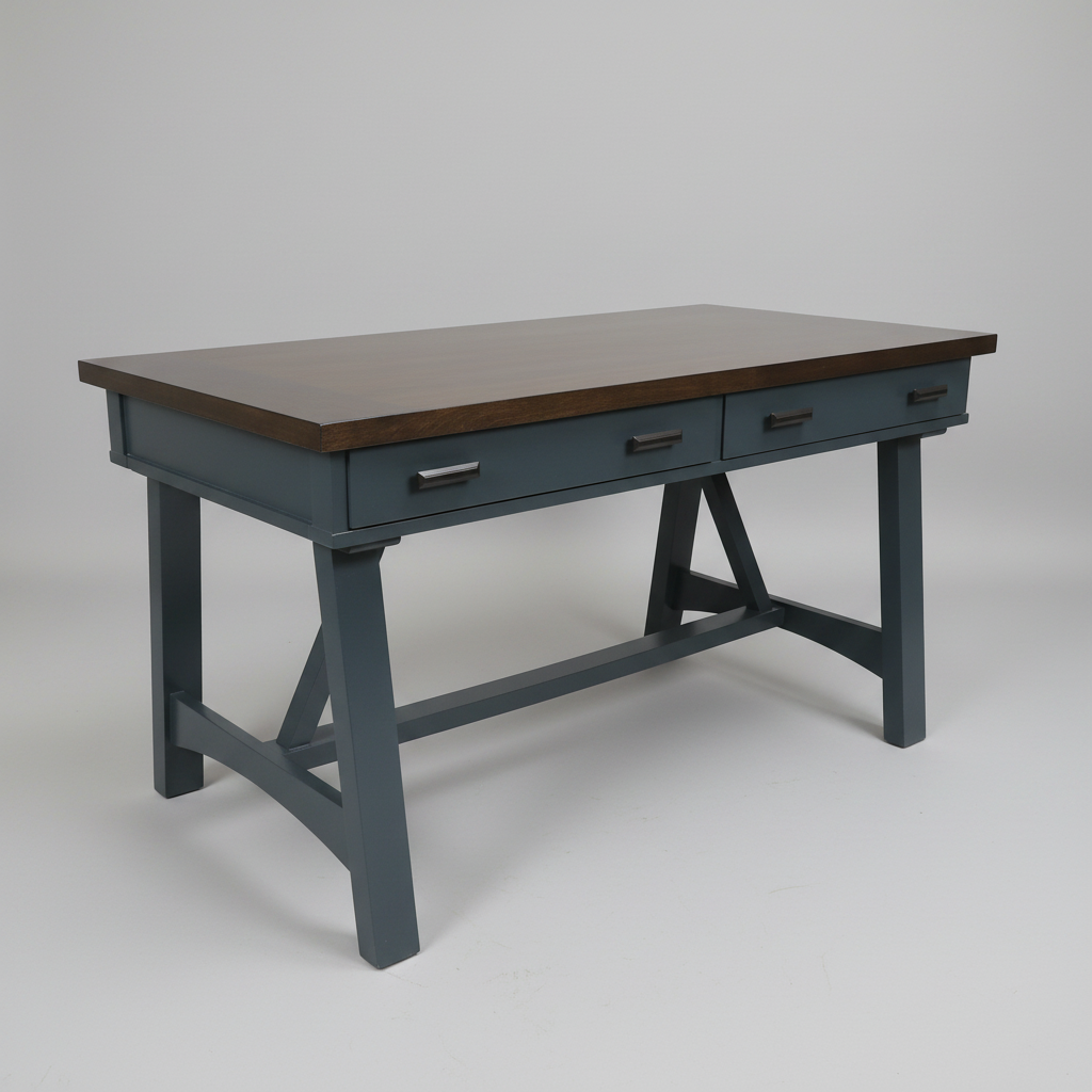 Wooden desk with dark brown top and blue-gray base on a light gray background