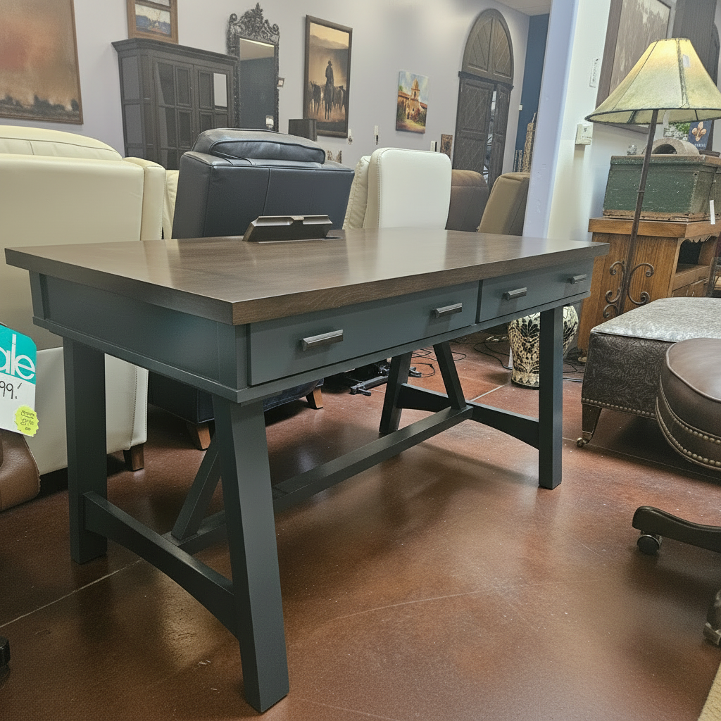 Wooden desk with drawers in a furniture store setting
