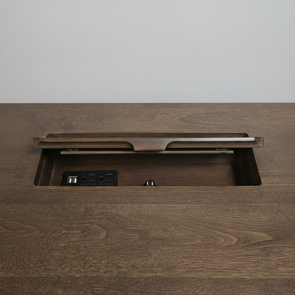 Wooden desk with power outlet and USB port on a plain background