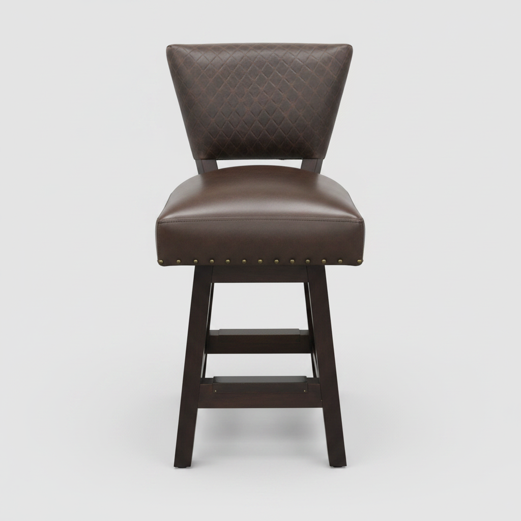 Brown bar stool with quilted backrest on a light gray background