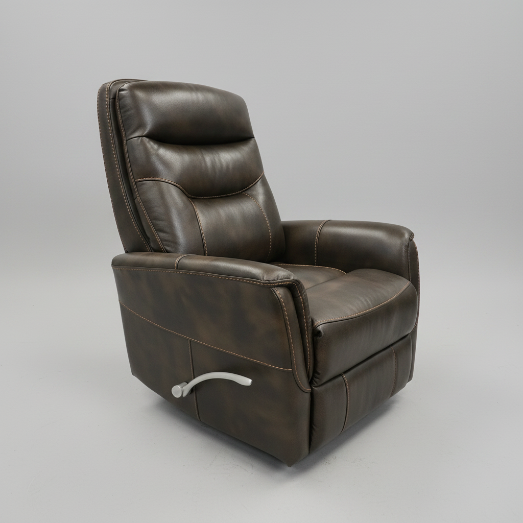 Brown leather recliner chair in a showroom setting with a table and decor items in the background.