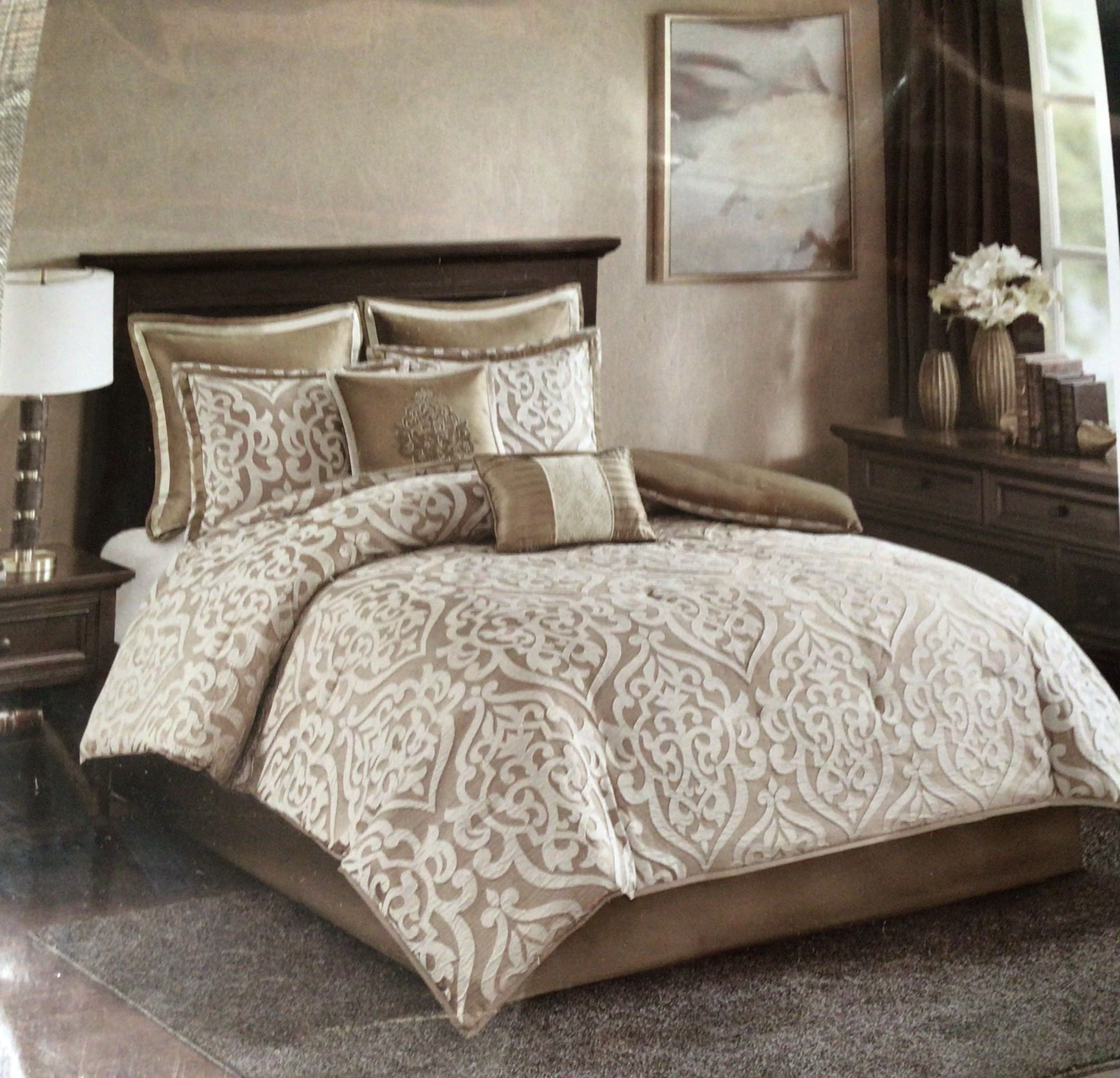 Madison Park Comforter Set Odette Jacquard King 8 Piece Tan/Ivory
