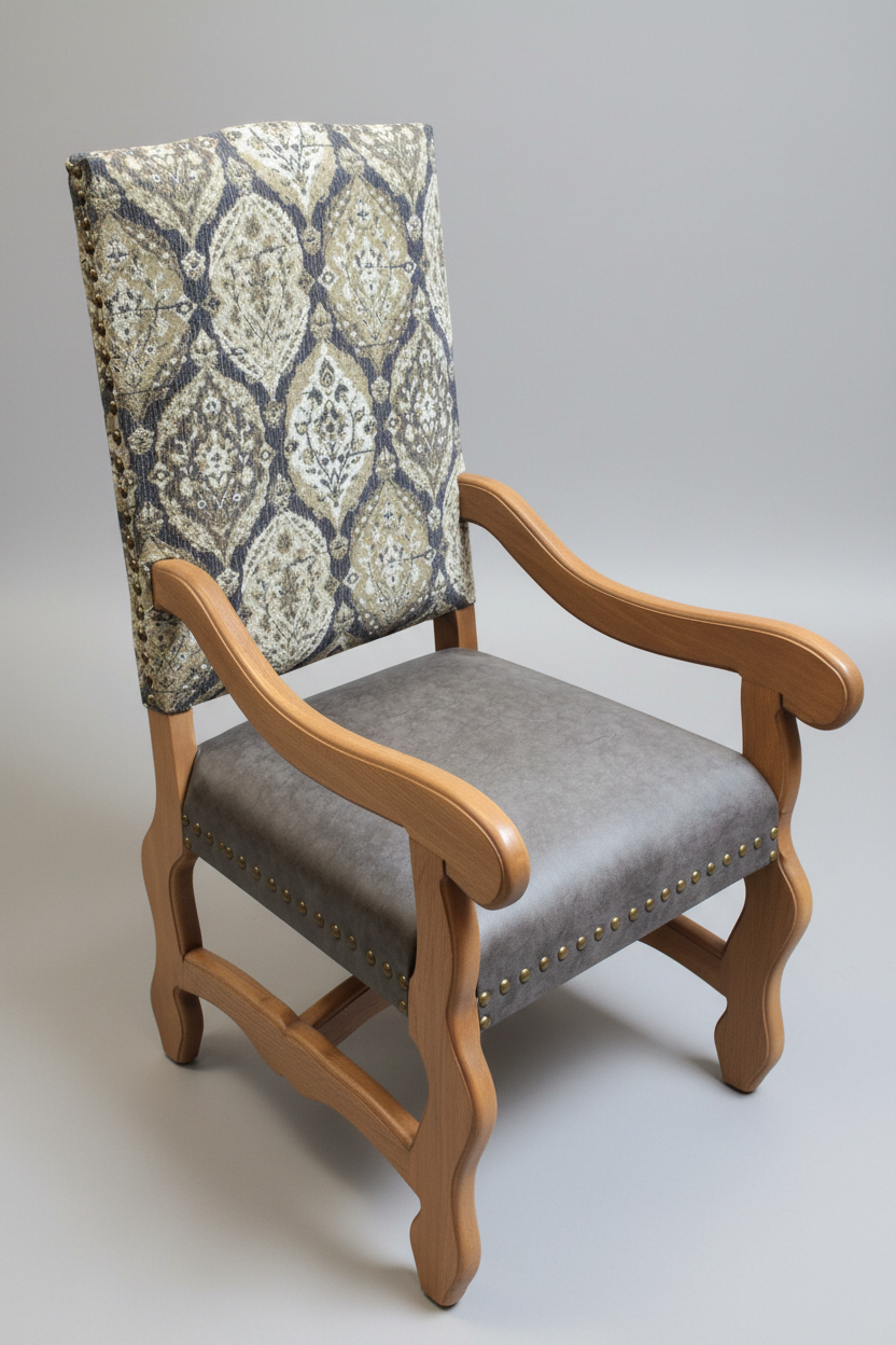 Chair with wooden armrests and patterned backrest on a plain background