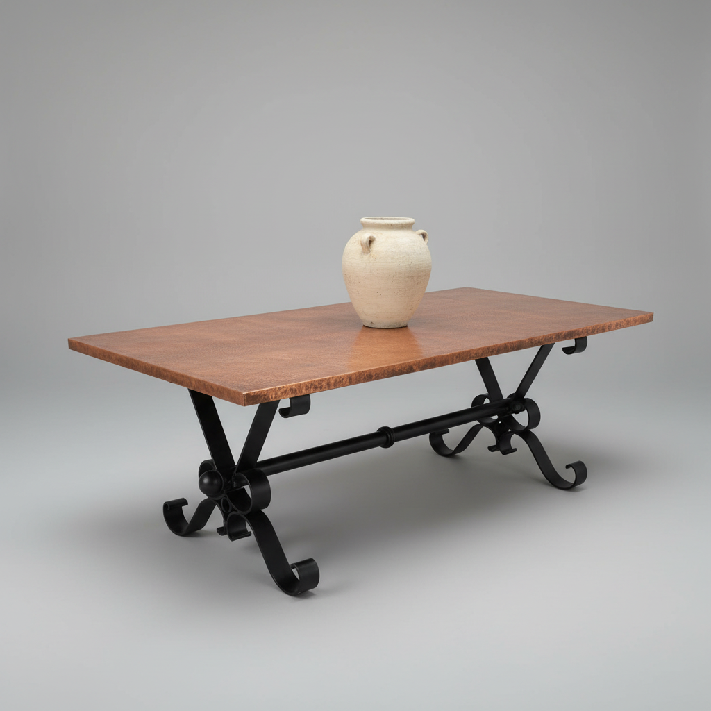 copper table with black metal legs and a ceramic vase on a gray background