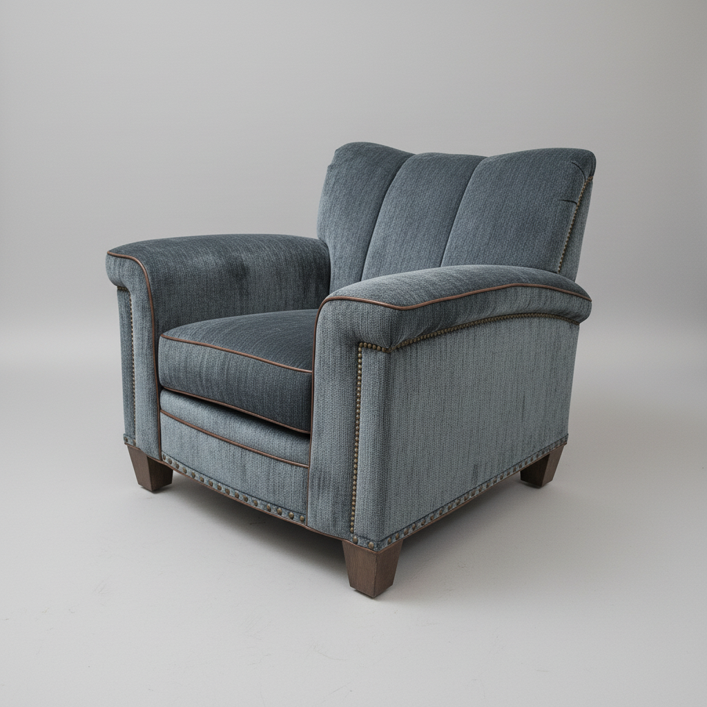 Blue upholstered armchair on a gray background