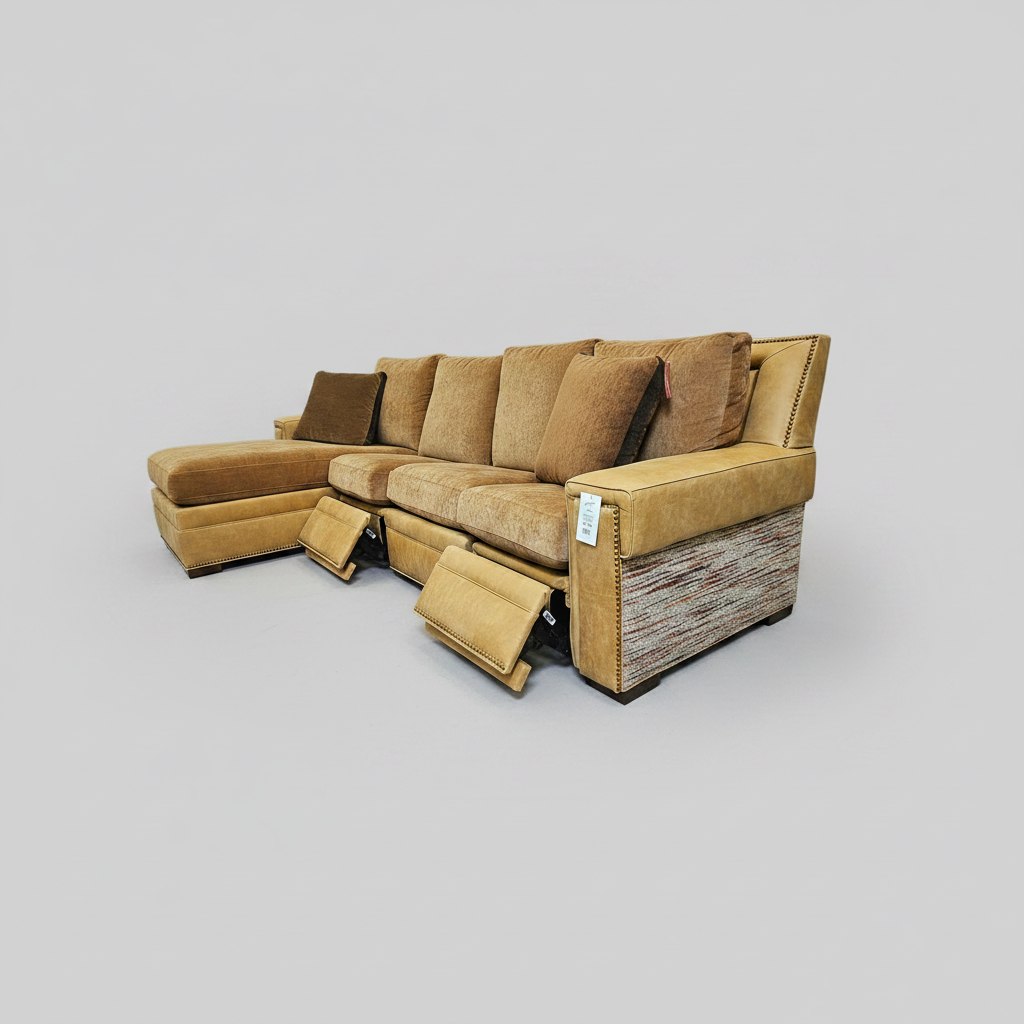 Brown sectional sofa with reclining feature on a gray background