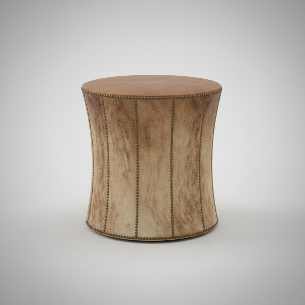 Round brown leather stool on a light gray background