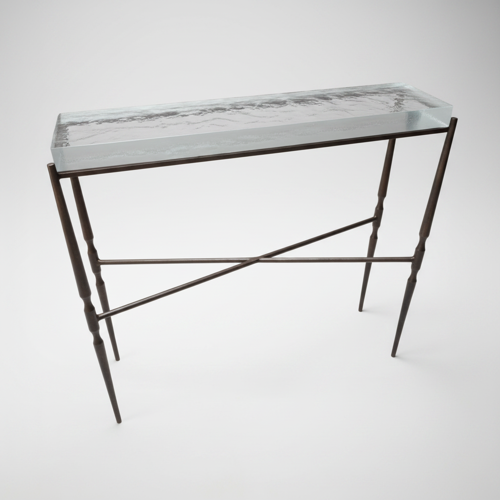A modern console table featuring a rectangular clear glass top with a dark gray marbled pattern, supported by a dark bronze metal frame with twisted legs and an X-shaped crossbar.