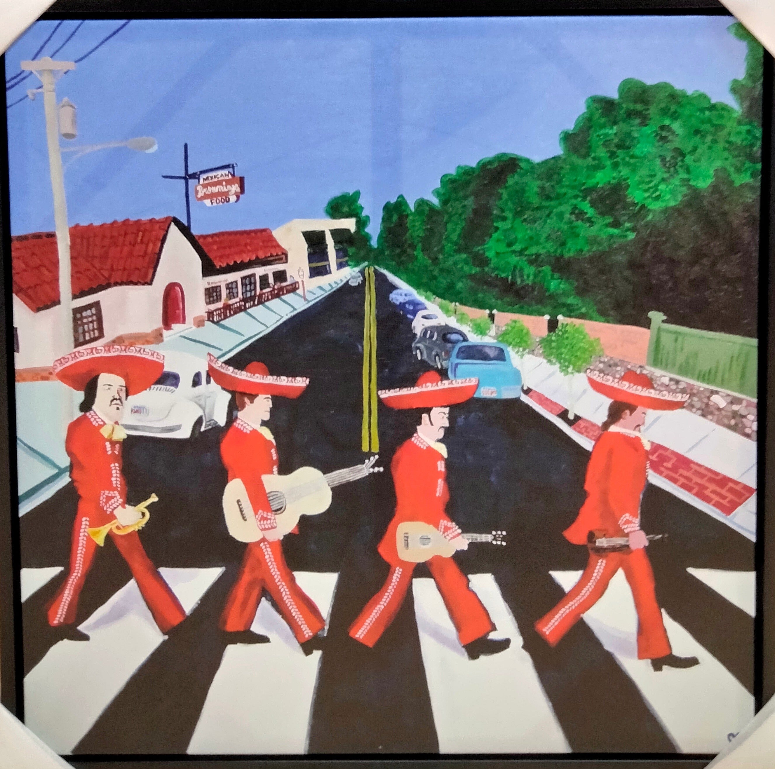 Artistic depiction of mariachi musicians crossing a street with a retro diner in the background.
