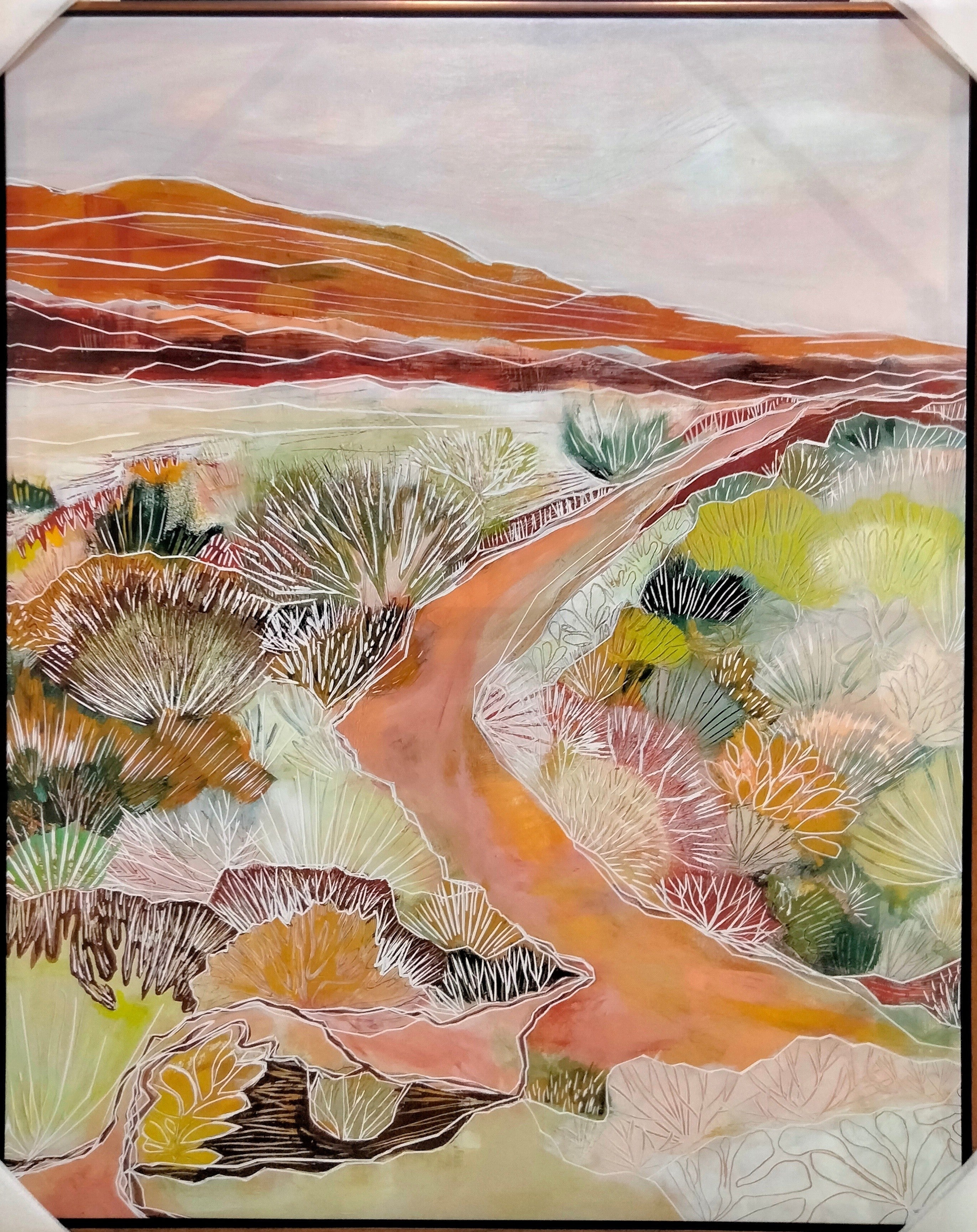 Artistic depiction of a landscape with a river and trees, using a limited color palette.