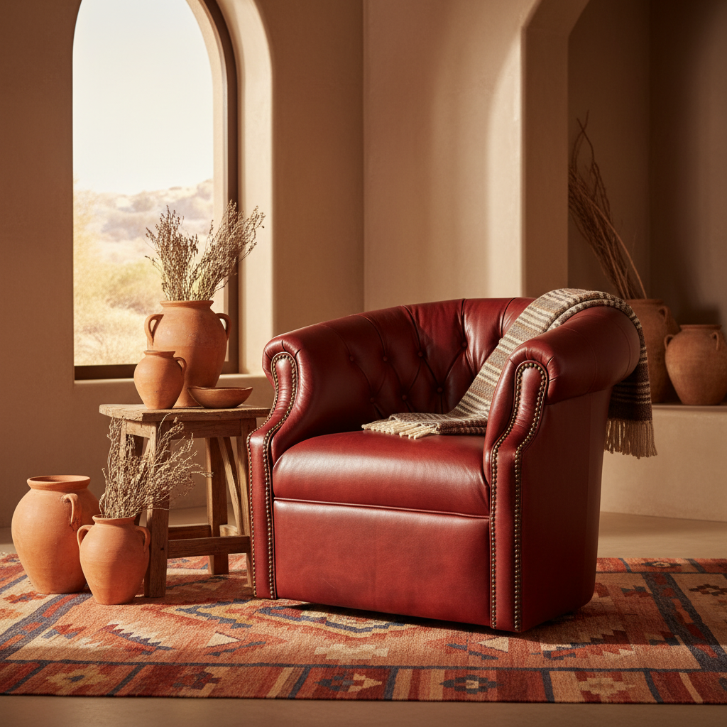 Red leather armchair in a room with decorative vases and a rug.