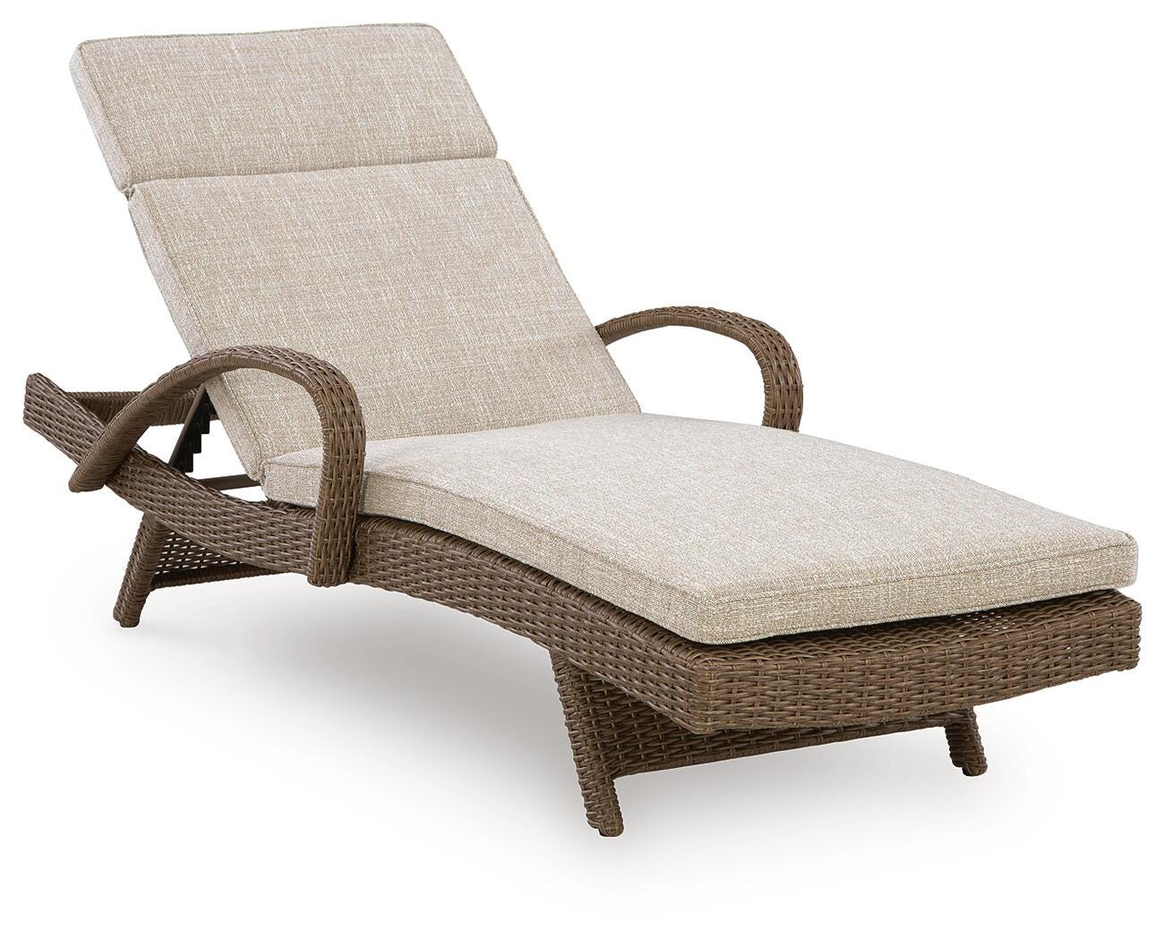 Beige cushioned lounge chair with brown wicker frame on a white background