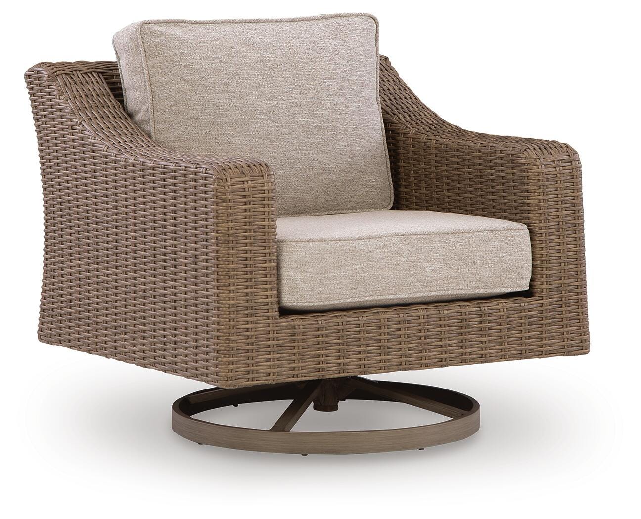 Wicker swivel chair with beige cushions on a white background