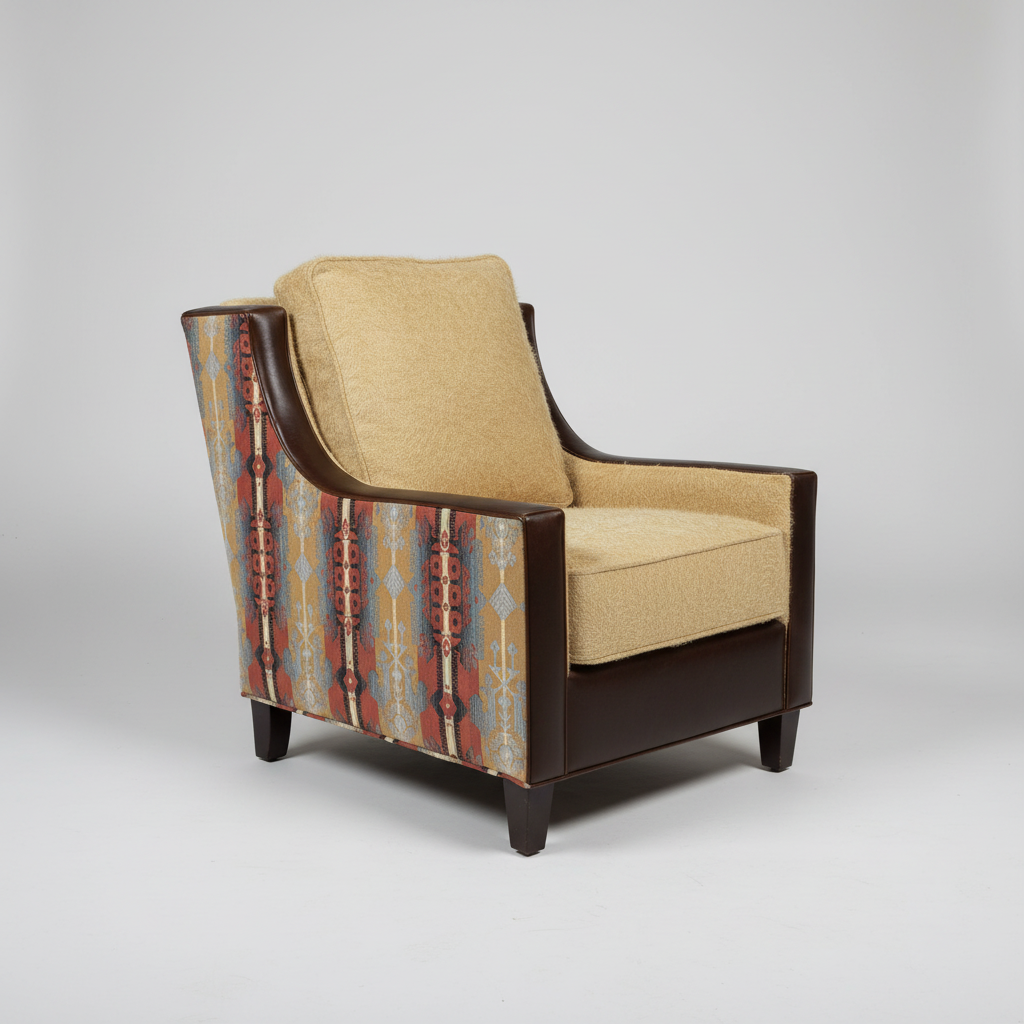 A modern accent armchair featuring a beige textured fabric seat and back cushion, dark brown leather-like armrests and legs, and a geometrically patterned fabric upholstered on the front panels in red, blue, and beige.