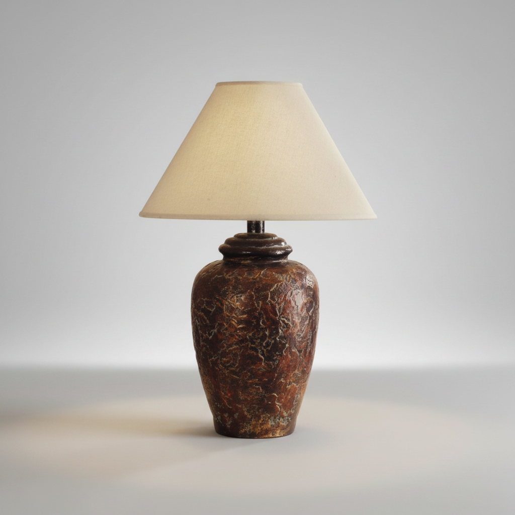 A table lamp with a textured, glossy brown ceramic urn-style base and a tapered cream fabric shade, set against a neutral gray background.